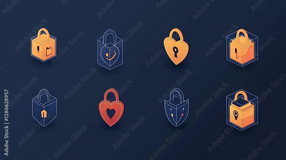 Poster secure action icons digital design graphic elements virtual environment flat viewpoint cybersecurity