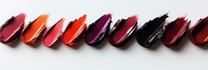 Obraz premium Bright and bold lip colors arranged in a gradient on a white surface in a creative makeup display