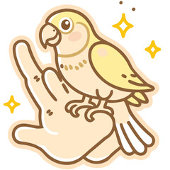 Fototapeta premium Pet care Cute parrot sitting on a human hand in doodle style