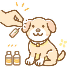 Fototapeta premium Pet care Giving medication to a dog in cute doodle style