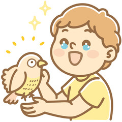 Obraz premium Pet care Happy child playing with a parakeet in cute doodle style