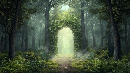 Fototapeta premium Enchanted Forest Pathway Framed by Lush Green Vines and Trees in Mystical Lighting