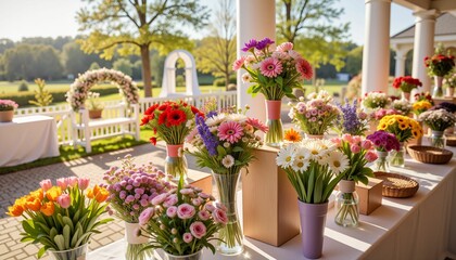 Fototapeta premium Colorful floral bouquets displayed in open event space, wedding decor