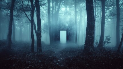 Mysterious open door amidst foggy forest landscape creating an eerie and captivating atmosphere of nature and wonder