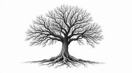 Detailed Black and White Oak Tree Line Art Illustration