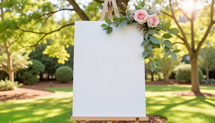 Elegant wedding seating chart display in outdoor garden, wedding decor