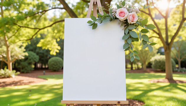 Elegant wedding seating chart display in outdoor garden, wedding decor