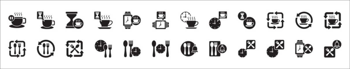 Office coffee break icon set. Time break for lunch icon collection. Vacation office day off symbol. Icon set contain symbol of coffee cup time, rest hours, lunchtime, eat, vacation, holiday, beach.