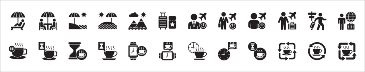 Office coffee break icon set. Time break for lunch icon collection. Vacation office day off symbol. Icon set contain symbol of coffee cup time, rest hours, lunchtime, eat, vacation, holiday, beach.
