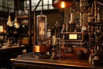 steampunk laboratory with brass machinery, tesla coils, and vintage scientific instruments bathed in warm copper light