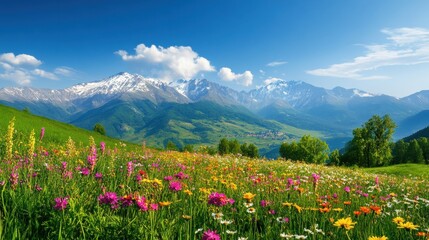 Fototapeta premium A stunning highland meadow with colorful blossoms and snow-capped Eastern European peaks.