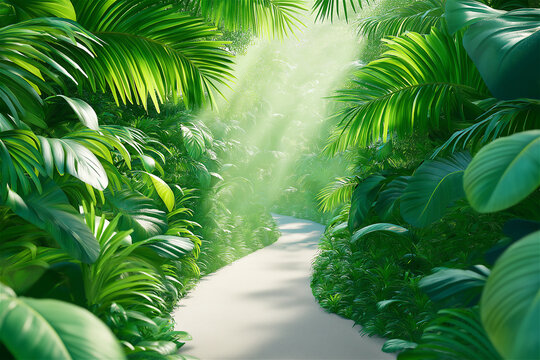 A serene tropical pathway surrounded by lush green foliage leading into a bright clearing. The peaceful and natural environment invites exploration and relaxation.