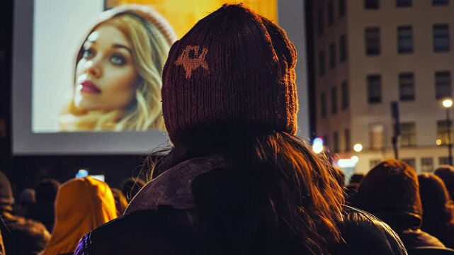 People enjoying an outdoorie screening on a chilly evening in a vibrant urban setting, Back view of people watching aie projected on a large screen outdoors at night