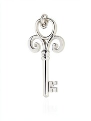 Intricately designed silver key with a vintage style and ornate handle held against a plain background