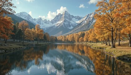 Obraz premium Autumn lake with golden trees and snow-capped mountains