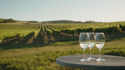 Obraz premium Alcohol consumption at a vineyard with wine glasses and scenic views. Featuring nature and indulgence
