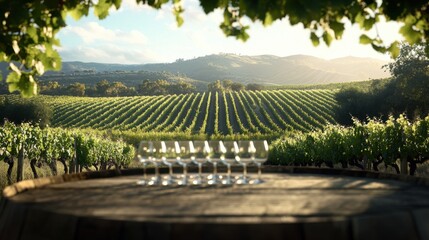 Alcohol consumption at a vineyard with wine glasses and scenic views. Featuring tranquility and nature