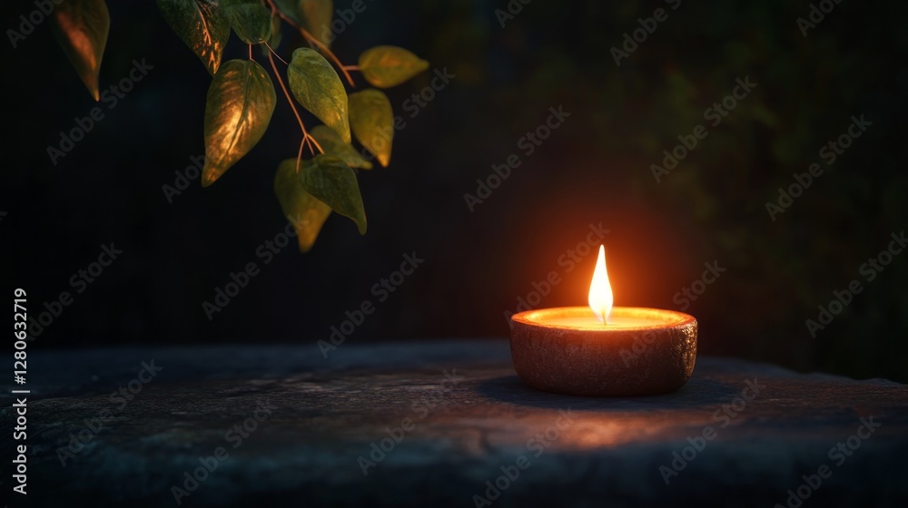 Poster a warm, flickering candle burns steadily on a rustic stone surface, casting a soft glow that enhance
