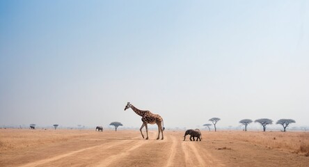 Giraffe and elephant in african savannah