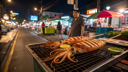 Grilled Squid Feast: A vibrant street food scene comes alive at night, featuring a tantalizing display of grilled squid, exuding an aroma that draws hungry passersby. Captured in a dynamic.