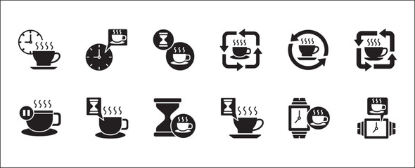 Coffee break icon set. Coffee cup icon collection. Icon set contain symbol of coffee time, rest hours, lunchtime, eat, cafe, watch, addict, hourglass, routine. Vector stock illustration.