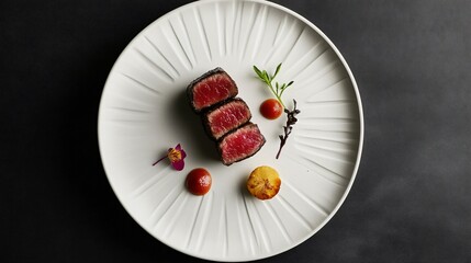 An ultra-modern Beef Wellington presentation, where the meat is sous-vide cooked before being wrapped, plated on a sleek white dish with minimalist garnishes