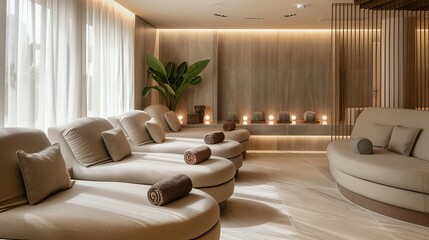A luxurious spa lounge with comfortable seating.