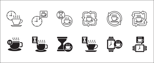 Coffee break icon set. Coffee cup icon collection. Icon set contain symbol of coffee time, rest hours, lunchtime, eat, cafe, watch, addict, hourglass, routine. Vector stock illustration.