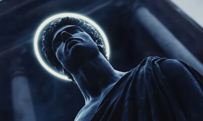 Naklejka premium A Captivating Sculpture Depicting a Haloed Figure, Merging Art and Spirituality in a Mesmerizing Display of Light and Emotion