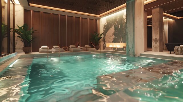 A modern indoor pool in a spa setting.