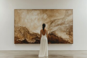 Woman in white dress admires a large abstract landscape painting with earthy tones.