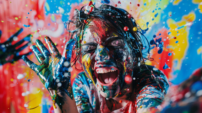 A playful scene of a group of friends laughing and having fun while participating in a creative, messy painting session, covered in bright paint splatters and surrounded by bold colors