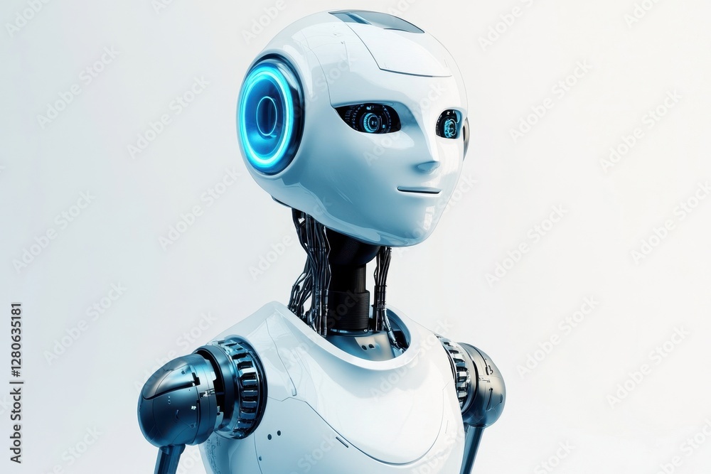 Poster advanced humanoid robot with futuristic design and expressive features in bright setting