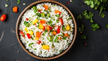Top down view of a white rice dish garnished with vibrant vegetables and spices, showcasing a burst of color.