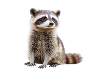 raccoon sitting on transparency background, showcasing its distinctive fur and facial markings. This playful animal exudes curiosity and charm, making it delightful subject for photography