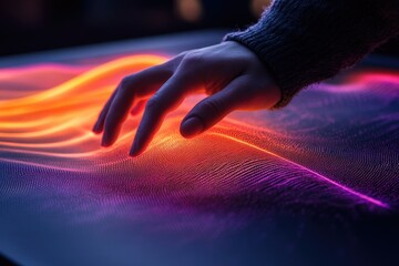 A hand interacts with a vibrant, dynamic digital landscape of swirling, glowing particles.