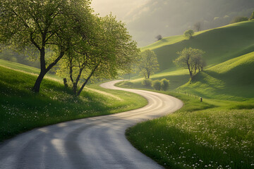 Fototapeta premium Serene Sunrise on a Tranquil Country Road Surrounded by Green Fields 