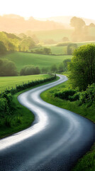 Fototapeta premium Serene Sunrise on a Tranquil Country Road Surrounded by Green Fields 