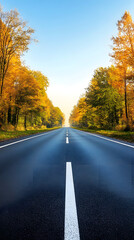 Obraz premium Scenic Highway Journey Through Vibrant Autumn Forests Under Blue Sky 