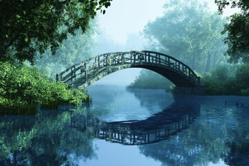 Fototapeta premium Wooden bridge over tranquil river surrounded by lush greenery in a misty landscape