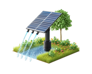 futuristic solar powered sprinkler system efficiently waters garden, showcasing automated water distribution. This eco friendly design promotes sustainable gardening practices