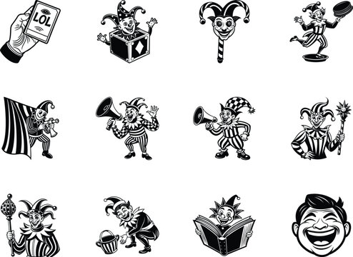 A Collection of Vintage Jester Illustrations in Monochrome Style Featuring Various Activities and Props - Powered by Adobe