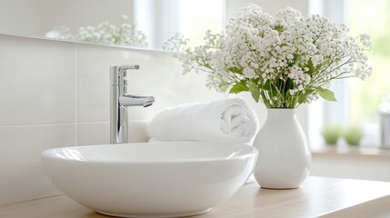 Fototapeta premium White ceramic vessel sink with a chrome faucet next to a rolled towel and fresh baby's breath flowers in a vase on a wooden counter in a bright bathroom.