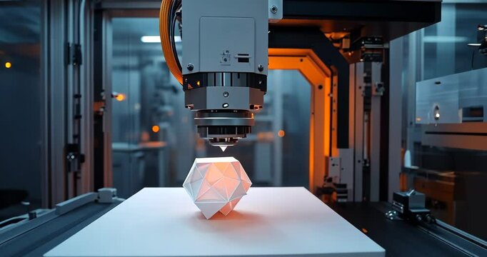A 3D printer using orange laser is creating a white geometric object on a platform.