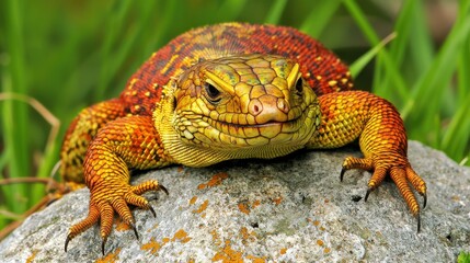Obraz premium Colorful lizard sunbathing on a rock nature reserve wildlife photography outdoor setting close-up view animal behavior