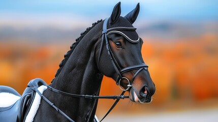 Obraz premium Equestrian event featuring a majestic black horse in autumn landscape action shot outdoor setting close-up view horse riding concept