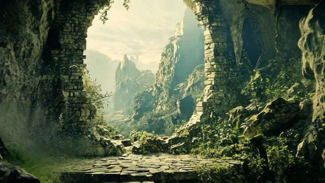 Ruins of an ancient cave entrance bathed in soft light filters through the enchanting foliage, Enchanted Ruins stapes on cave video background Seamless ing time-lapse quality