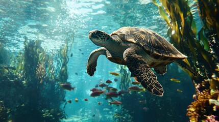 Obraz premium A sea turtle swims gracefully through a lush underwater kelp forest filled with various species of fish, showcasing the beauty of marine life in a serene aquatic environment