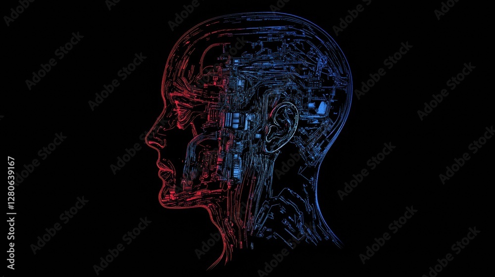 Poster human head outline merging organic and mechanical elements with detailed cybernetic textures in a sc
