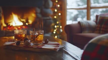 Alcohol consumption at a winter cabin with hot toddies. Featuring cozy warmth and festive décor